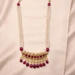 Sha Jewellers Hyderabadi Style Tirmani featuring three pendants with brilliant CZ stones, genuine freshwater pearls, and cascading ruby drops in intricate gold-tone setting - Traditional Nizami jewelry from Hyderabad