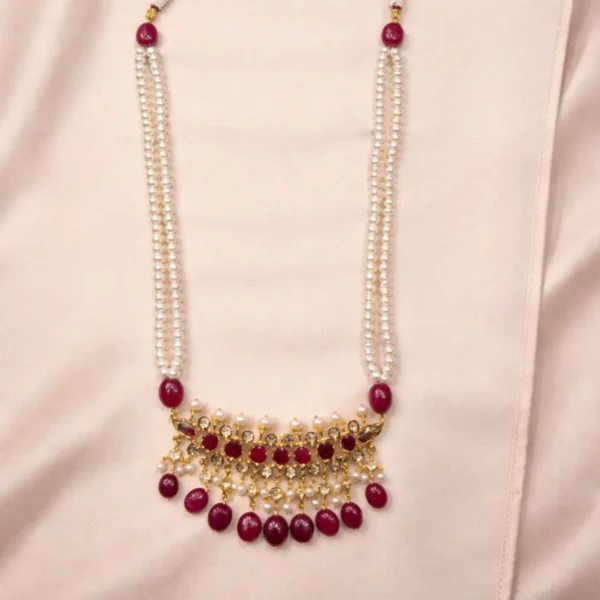 Sha Jewellers Hyderabadi Style Tirmani featuring three pendants with brilliant CZ stones, genuine freshwater pearls, and cascading ruby drops in intricate gold-tone setting - Traditional Nizami jewelry from Hyderabad