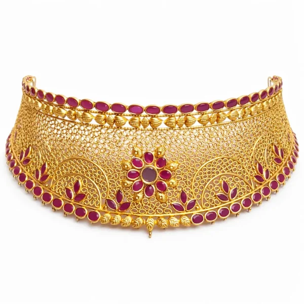 Shah Jewellers 22k Gold Antique Floral Choker featuring ruby-pink accents and delicate petal border design in hallmarked gold