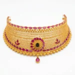 Shah Jewellers 22k Gold Antique Matte Heritage Choker featuring ruby-pink stones in graceful teardrop pendant design