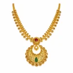 Shah Jewellers 22K Gold Traditional Chandbali Pendant Necklace featuring crescent moon design with vibrant rubies and emeralds