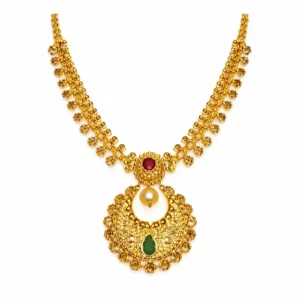 Shah Jewellers 22K Gold Traditional Chandbali Pendant Necklace featuring crescent moon design with vibrant rubies and emeralds