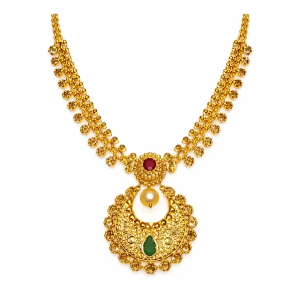 Shah Jewellers 22K Gold Traditional Chandbali Pendant Necklace featuring crescent moon design with vibrant rubies and emeralds