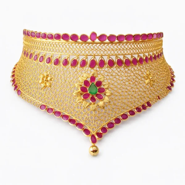 Shah Jewellers 22k Gold Heritage Choker featuring antique gold chevron pattern, emerald floral centerpiece, and intricate honeycomb filigree work