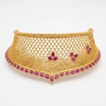 Shah Jewellers Chevron-Point Filigree Choker in 22k Gold featuring ruby-pink stones and delicate scalloped mesh design