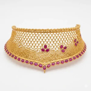 Shah Jewellers Chevron-Point Filigree Choker in 22k Gold featuring ruby-pink stones and delicate scalloped mesh design