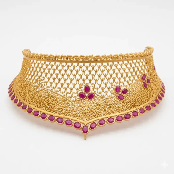 Shah Jewellers Chevron-Point Filigree Choker in 22k Gold featuring ruby-pink stones and delicate scalloped mesh design