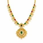 Shah Jewellers Traditional 22k Gold Necklace with circular pendant featuring ruby red and emerald green stones