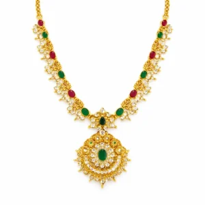 Shah Jewellers Traditional 22k Gold Necklace with circular pendant featuring ruby red and emerald green stones