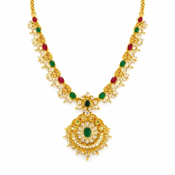 Shah Jewellers Traditional 22k Gold Necklace with circular pendant featuring ruby red and emerald green stones