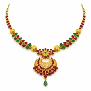 Shah Jewellers 22k Gold Royal Emerald & Ruby Crescent Necklace with multi-stone floral chain design