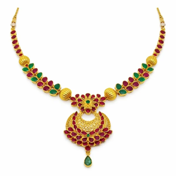 Shah Jewellers 22k Gold Royal Emerald & Ruby Crescent Necklace with multi-stone floral chain design