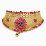 Shah Jewellers 22k Gold Royal Emerald & Ruby-Pink Floral Choker featuring magnificent grand bloom centerpiece with cascading floral design