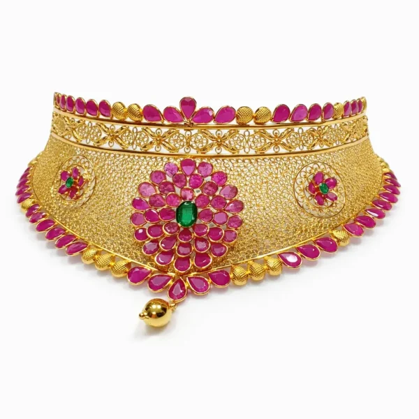 Shah Jewellers 22k Gold Royal Emerald & Ruby-Pink Floral Choker featuring magnificent grand bloom centerpiece with cascading floral design