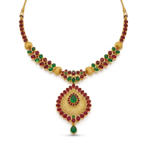 Shah Jewellers 22k Gold Empress Celestial Bloom Necklace featuring ruby and emerald stone accents in radiant floral design