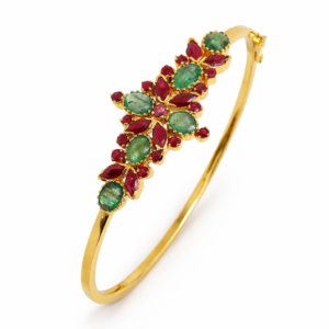 Shah Jewellers 22k Gold Floral Design Bracelet featuring vibrant rubies and emeralds arranged in intricate floral patterns