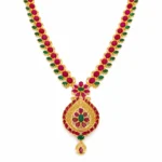 Shah Jewellers Authentic 22K Gold Traditional Necklace featuring ruby red and emerald green floral teardrop pendant
