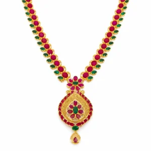 Shah Jewellers Authentic 22K Gold Traditional Necklace featuring ruby red and emerald green floral teardrop pendant