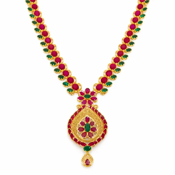 Shah Jewellers Authentic 22K Gold Traditional Necklace featuring ruby red and emerald green floral teardrop pendant