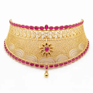 Shah Jewellers 22k Gold Grand Ruby Choker featuring radiant sunburst motif with ruby-pink stones and intricate traditional Jali work
