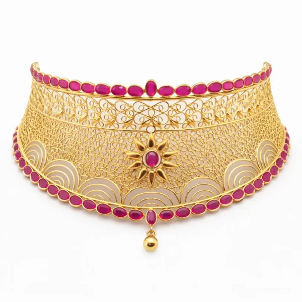 Shah Jewellers 22k Gold Grand Ruby Choker featuring radiant sunburst motif with ruby-pink stones and intricate traditional Jali work