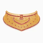 Shah Jewellers 22k Gold Royal Heart-Contour V-Choker featuring ruby-pink stones and delicate filigree lace work