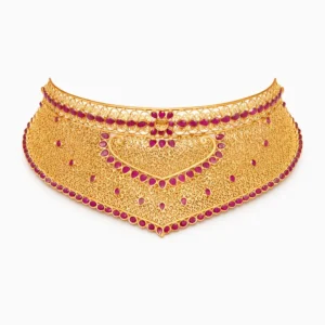 Shah Jewellers 22k Gold Royal Heart-Contour V-Choker featuring ruby-pink stones and delicate filigree lace work