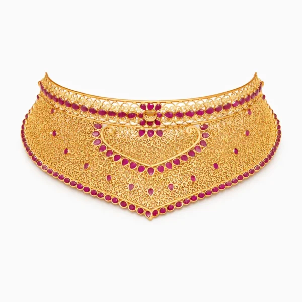 Shah Jewellers 22k Gold Royal Heart-Contour V-Choker featuring ruby-pink stones and delicate filigree lace work