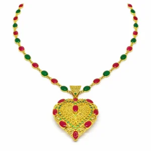 Shah Jewellers 22k Gold Traditional Heart Pendant Necklace featuring ruby red and emerald green gemstone accents