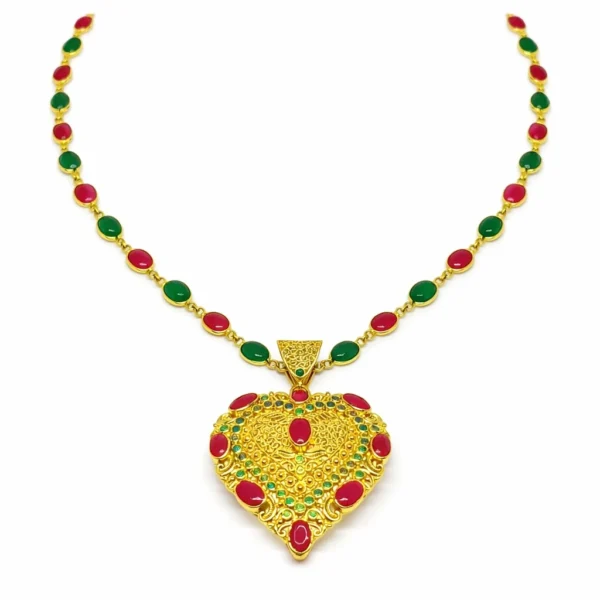 Shah Jewellers 22k Gold Traditional Heart Pendant Necklace featuring ruby red and emerald green gemstone accents