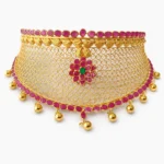 Shah Jewellers 22k Gold Heritage Choker featuring mango motif border and emerald-ruby floral pendant design
