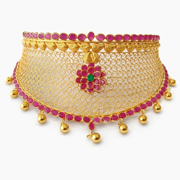 Shah Jewellers 22k Gold Heritage Choker featuring mango motif border and emerald-ruby floral pendant design