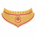 Shah Jewellers 22k Gold Imperial Tilak-Centerpiece Choker featuring sacred tilak motif with rosette border and ruby-pink stones