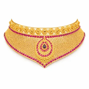 Shah Jewellers 22k Gold Imperial Tilak-Centerpiece Choker featuring sacred tilak motif with rosette border and ruby-pink stones