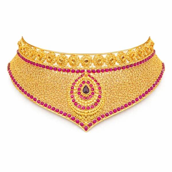 Shah Jewellers 22k Gold Imperial Tilak-Centerpiece Choker featuring sacred tilak motif with rosette border and ruby-pink stones