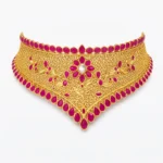 Shah Jewellers 22k Gold Imperial V-Shaped Vine Choker featuring ruby-pink blooms with shimmering white centers in cascading vine design