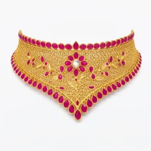 Shah Jewellers 22k Gold Imperial V-Shaped Vine Choker featuring ruby-pink blooms with shimmering white centers in cascading vine design