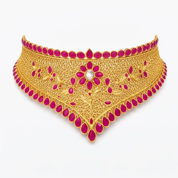 Shah Jewellers 22k Gold Imperial V-Shaped Vine Choker featuring ruby-pink blooms with shimmering white centers in cascading vine design