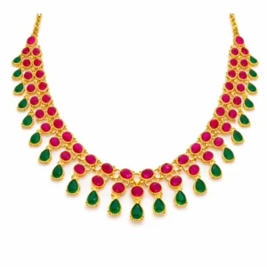 Shah Jewellers 22k Gold Traditional Necklace featuring ruby red Kemp stones and cascading emerald teardrops