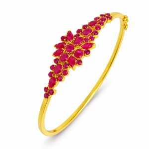 Shah Jewellers 22k Gold Bracelet featuring large vibrant rubies arranged in intricate floral pattern design