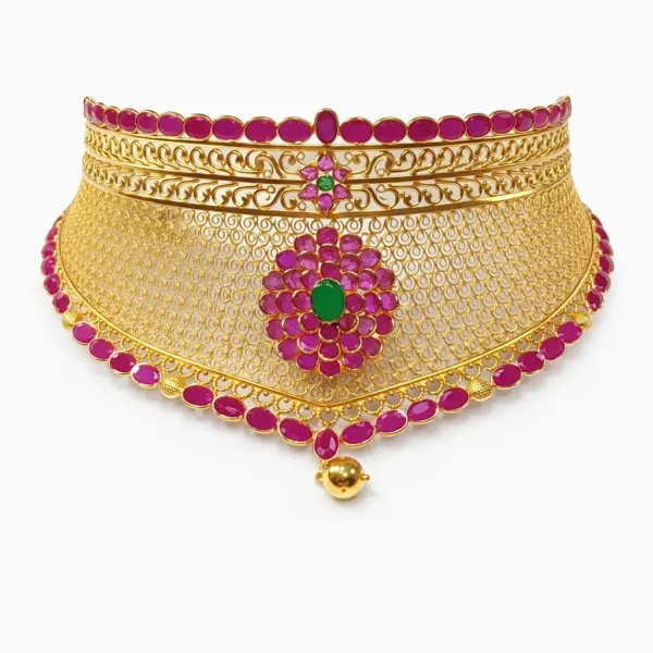Shah Jewellers 22k Gold Royal Maharani Choker featuring grand emerald-center bloom with intricate scrollwork filigree radiating outward
