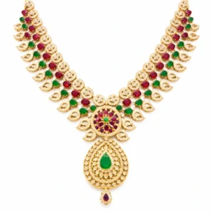 Shah Jewellers Authentic 22K Gold Traditional Mango Mala Necklace featuring teardrop emerald pendant with ruby accents throughout