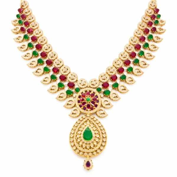 Shah Jewellers Authentic 22K Gold Traditional Mango Mala Necklace featuring teardrop emerald pendant with ruby accents throughout