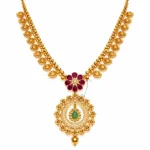 Shah Jewellers Authentic 22K Gold Traditional Mango Mala Necklace featuring ruby floral accent and cascading emerald teardrop