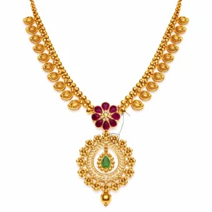 Shah Jewellers Authentic 22K Gold Traditional Mango Mala Necklace featuring ruby floral accent and cascading emerald teardrop