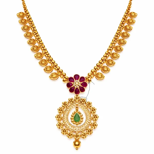 Shah Jewellers Authentic 22K Gold Traditional Mango Mala Necklace featuring ruby floral accent and cascading emerald teardrop