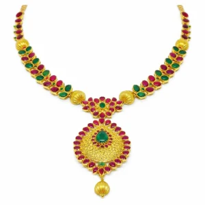 Shah Jewellers Authentic 22K Gold Traditional Medallion Necklace featuring ruby red and emerald green stones in ornate medallion design