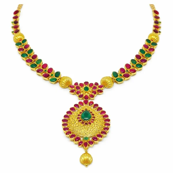 Shah Jewellers Authentic 22K Gold Traditional Medallion Necklace featuring ruby red and emerald green stones in ornate medallion design