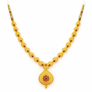 Shah Jewellers 22k Gold Ruby and Emerald Stone-Studded Indian Heritage Necklace featuring vibrant rubies and lush emeralds in traditional design