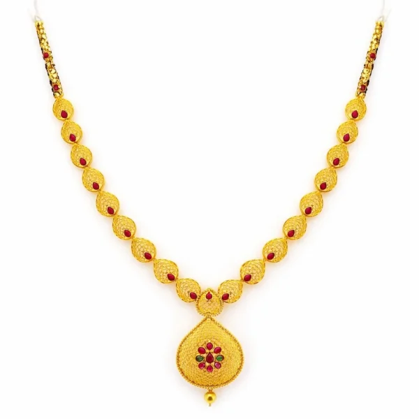 Shah Jewellers 22k Gold Ruby and Emerald Stone-Studded Indian Heritage Necklace featuring vibrant rubies and lush emeralds in traditional design